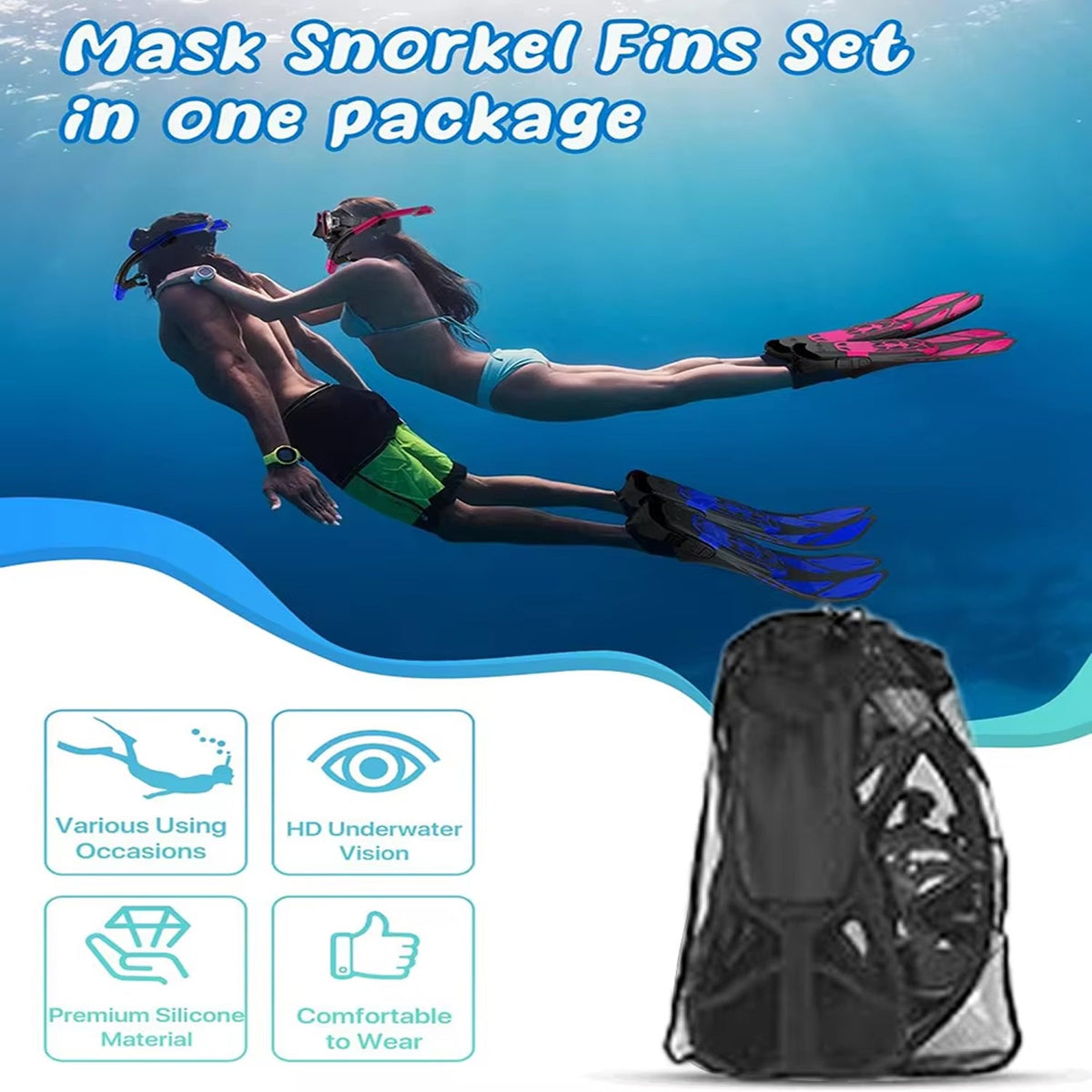 Set de plongée avec tuba, palmes, masque et tuba pour adultes – Vue panoramique et tuba à embout sec – Natation | Sulvida