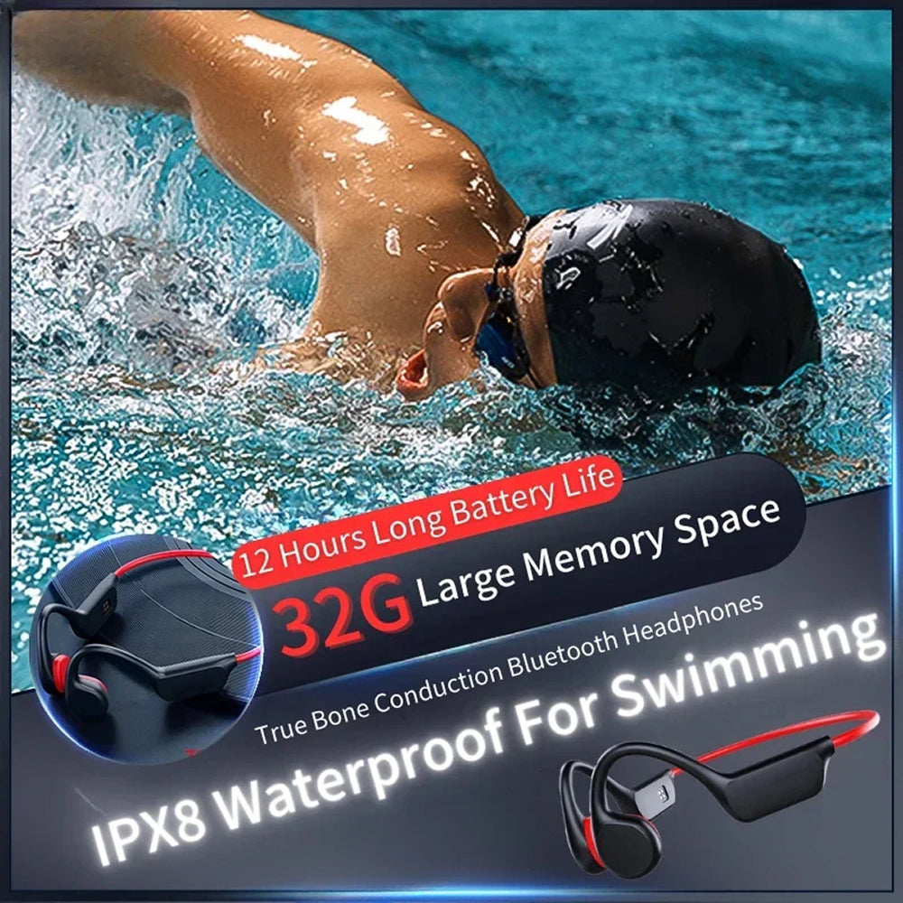 Casque de natation étanche à conduction osseuse, 32 Go, Bluetooth sans fil, MP3, pour la natation, les sports nautiques et la plongée