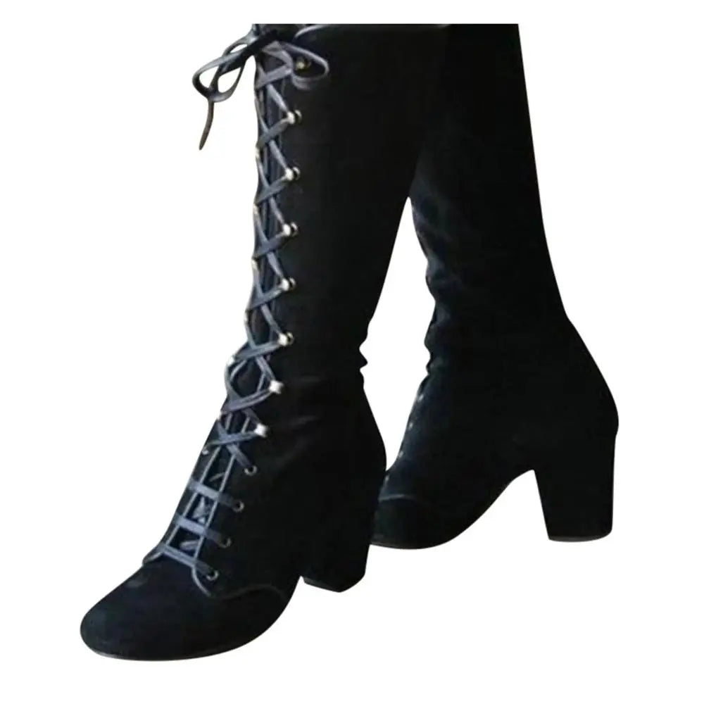 Bottes hautes pour femme noires à bout pointu et talon carré, aspect daim, élégantes et confortables pour l’automne et l’hiver | Sulvida
