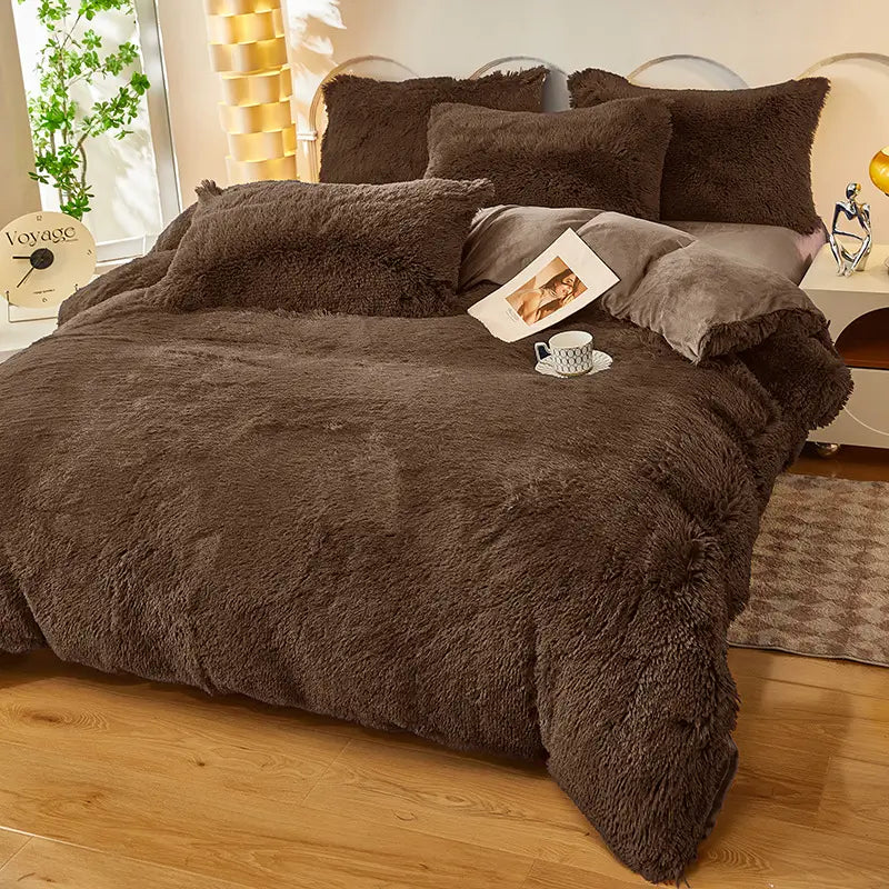 Plüsch-Fleece-Bettwäsche-Set, winterwarm, Teddy, 3-4-teilig, mit Bezug, Laken und Kissenbezügen | Sulvida