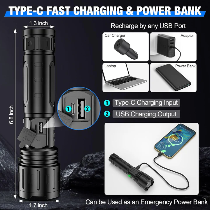 Tactische zaklamp 100.000 lumen oplaadbaar LED aluminium IP65 waterdicht 5 standen powerbank functie | Sulvida