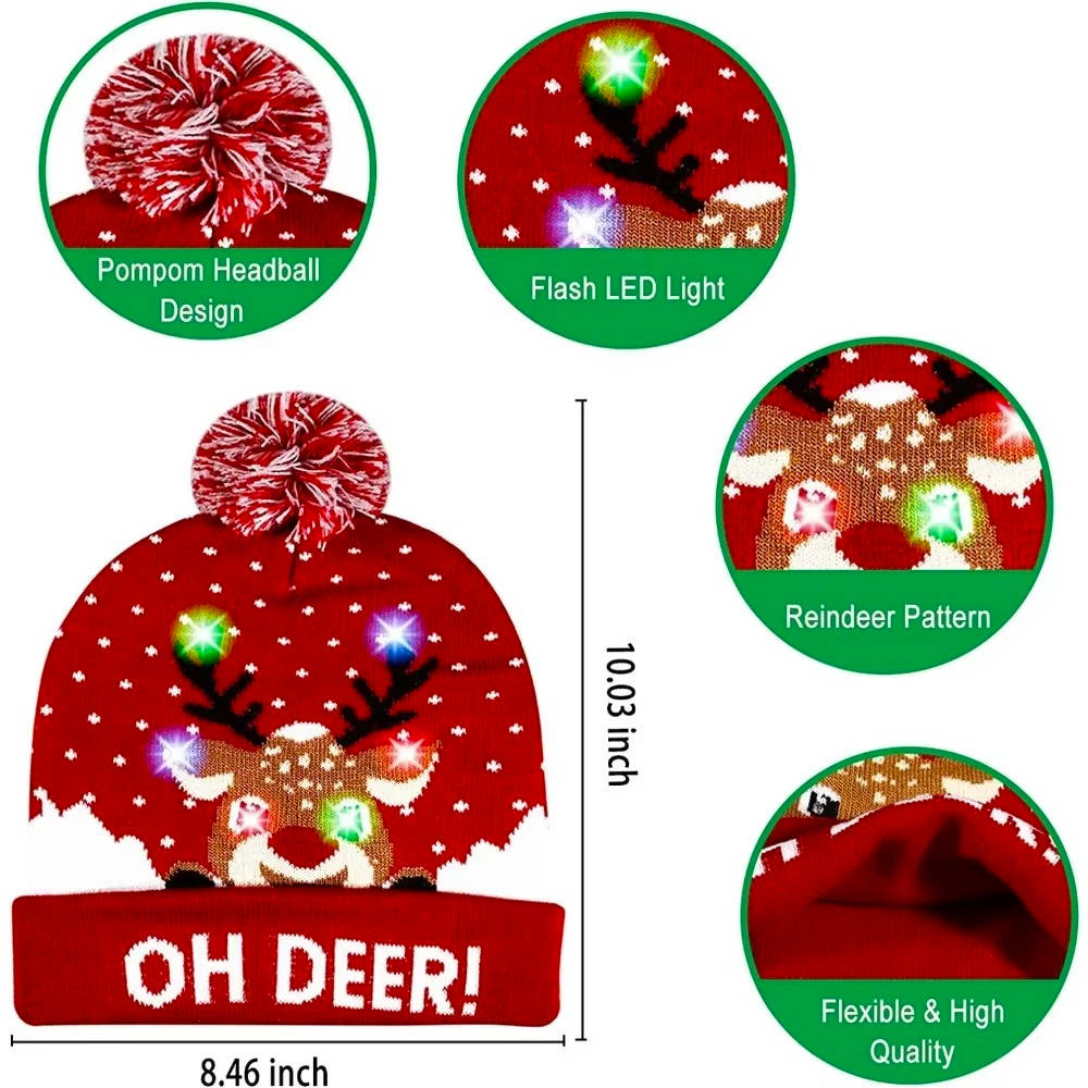 Gebreide LED-Kerstmuts met Pompon en Meerdere Lichtmodi Feestelijke Winteraccessoire Kerstverlichting | Sulvida