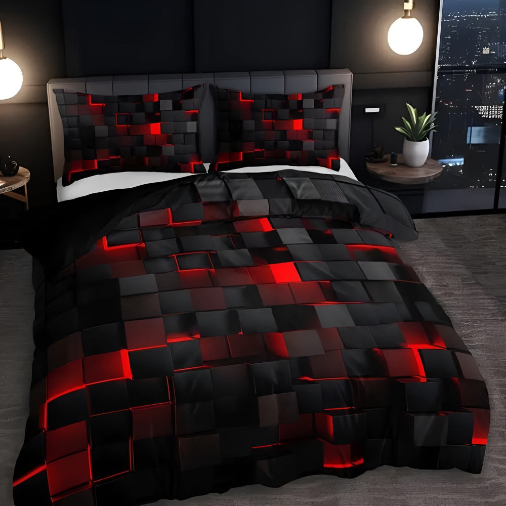 Dekbedovertrek Set Geometrisch Neonpatroon 3-Delig Microvezel Katoen 3D Grid Design All Season Tweepersoons | Sulvida