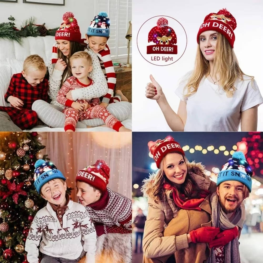 Gebreide LED-Kerstmuts met Pompon en Meerdere Lichtmodi Feestelijke Winteraccessoire Kerstverlichting | Sulvida