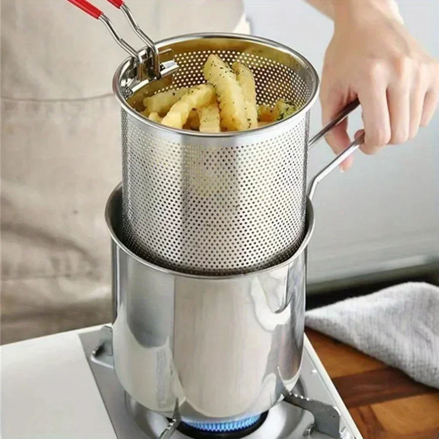 Frituurpan met zeef 1200ml RVS - diepe friturepen pan met handgreep - professioneel keukenservies voor frituren | Sulvida