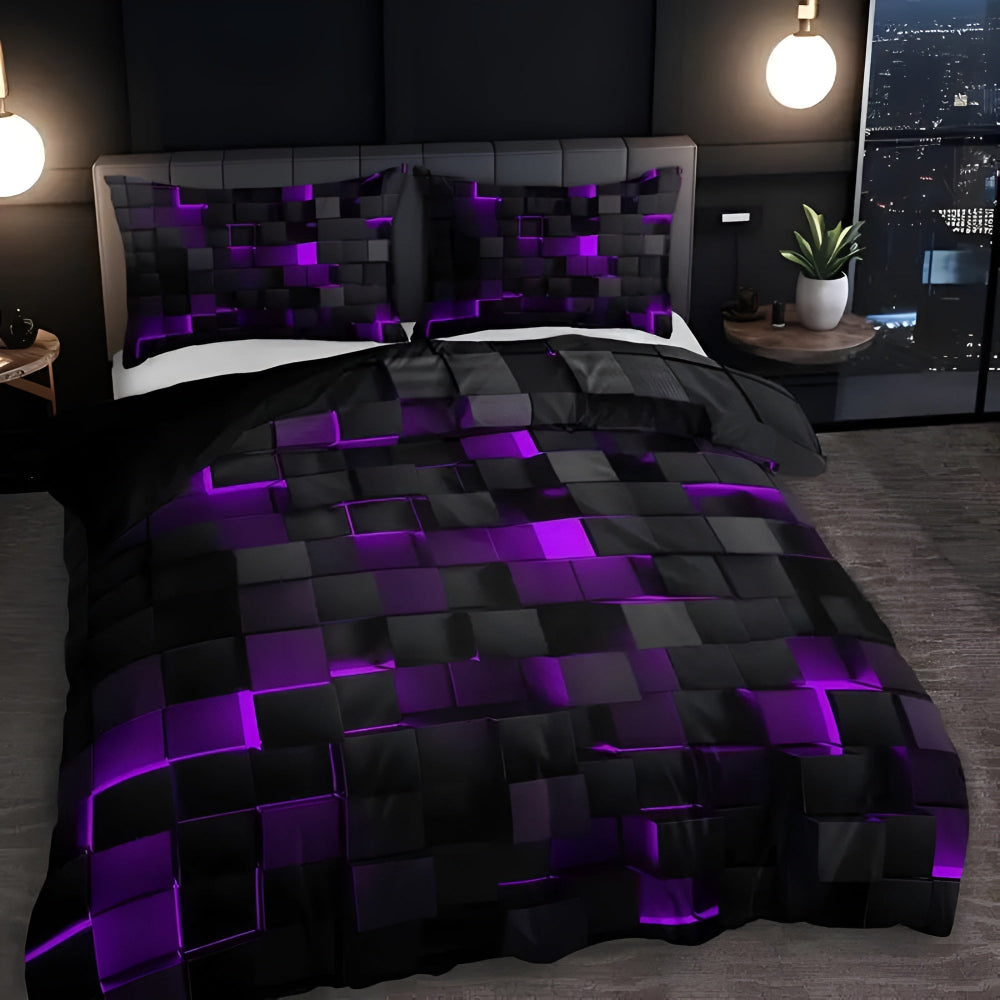 Dekbedovertrek Set Geometrisch Neonpatroon 3-Delig Microvezel Katoen 3D Grid Design All Season Tweepersoons | Sulvida