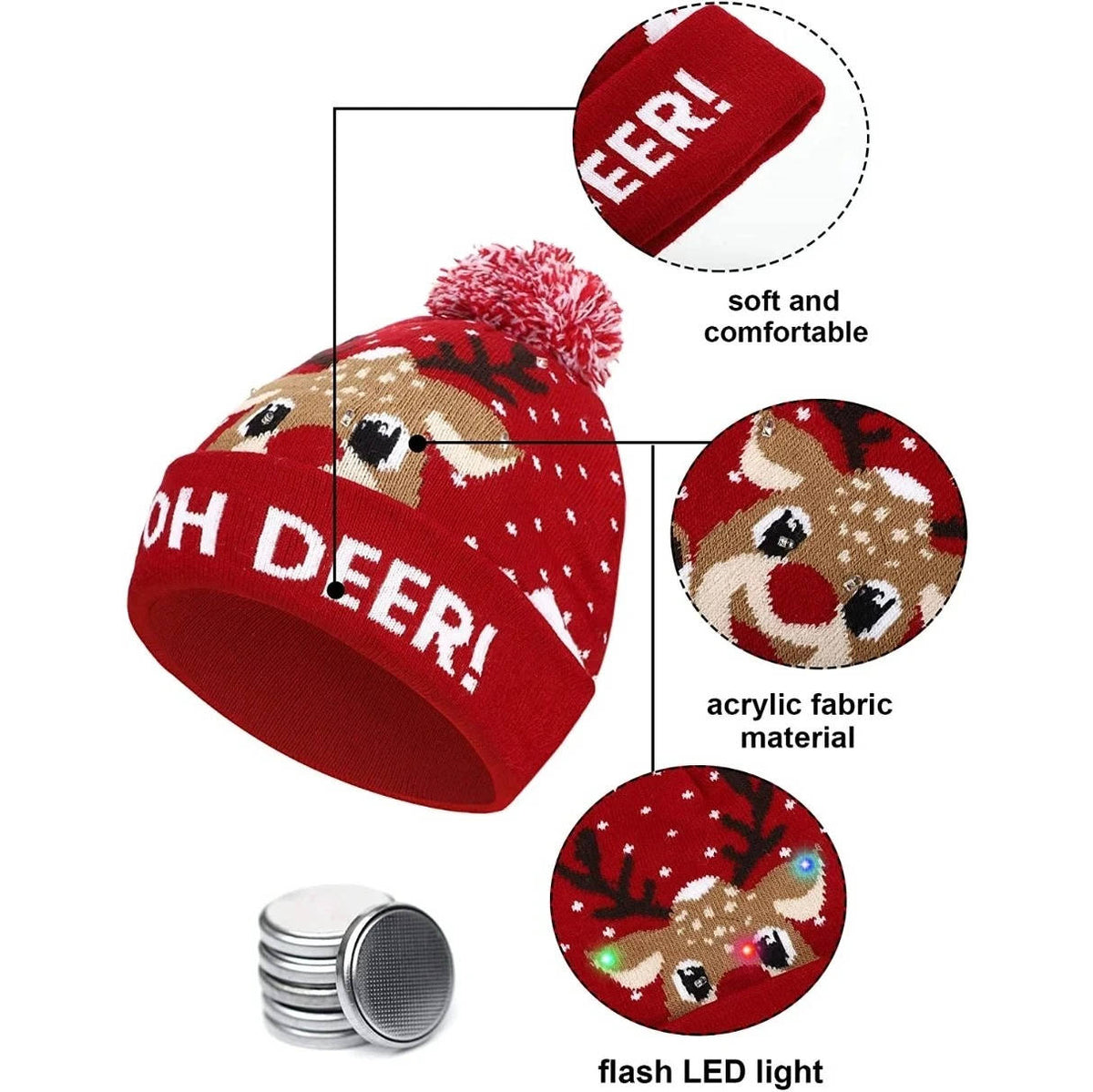 Gebreide LED-Kerstmuts met Pompon en Meerdere Lichtmodi Feestelijke Winteraccessoire Kerstverlichting | Sulvida