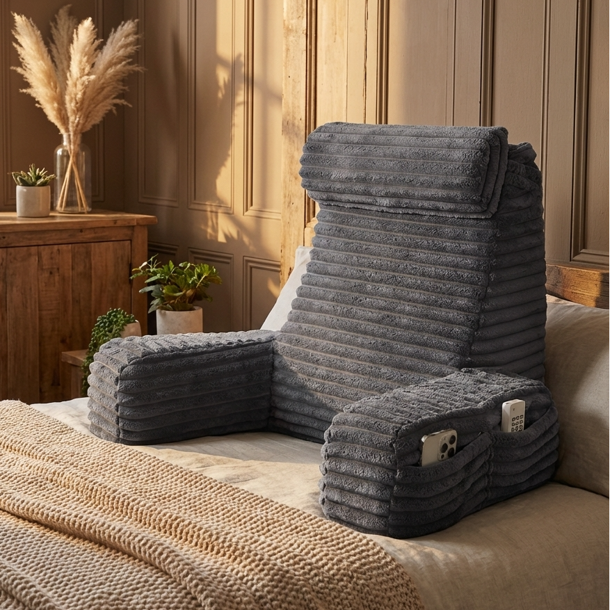 Coussin de dossier avec accoudoirs et appui-tête réglable gris 42x40x48 cm Coussin de lecture pour lit | Sulvida