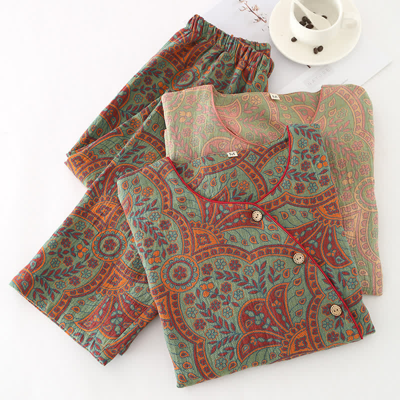 Vintage Jacquard Loungewear Set met Ronde Hals en Knopen – Zachte Katoenen Thuiskleding voor Dames en Heren, Comfortabele Pyjama voor Binnen | Sulvida