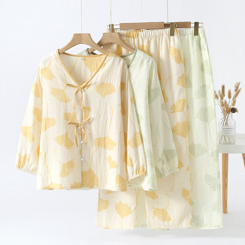 Loungewear-set van katoen met ginkgo-bladmotief en strikdetail – comfortabele tweelaagse gazen pyjamaset met zakken voor dames, ideaal voor lente, zomer en herfst | Sulvida