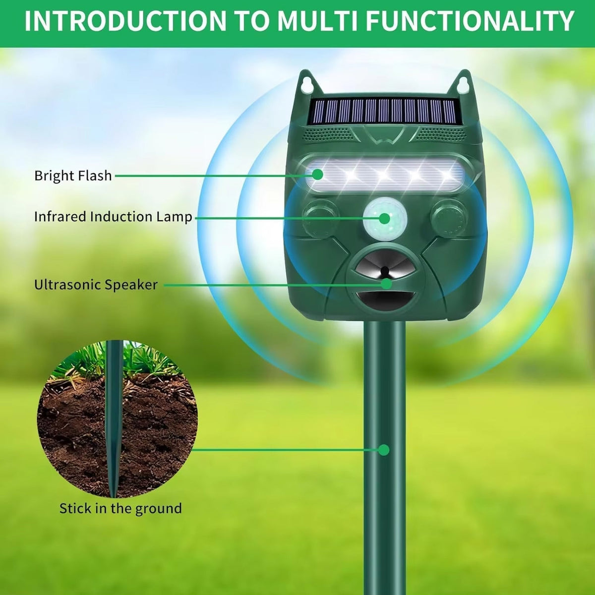 Répulsif ultrasonique pour animaux à énergie solaire pour jardin avec détecteur de mouvement, portée de 110 m², étanche IP44 | Sulvida