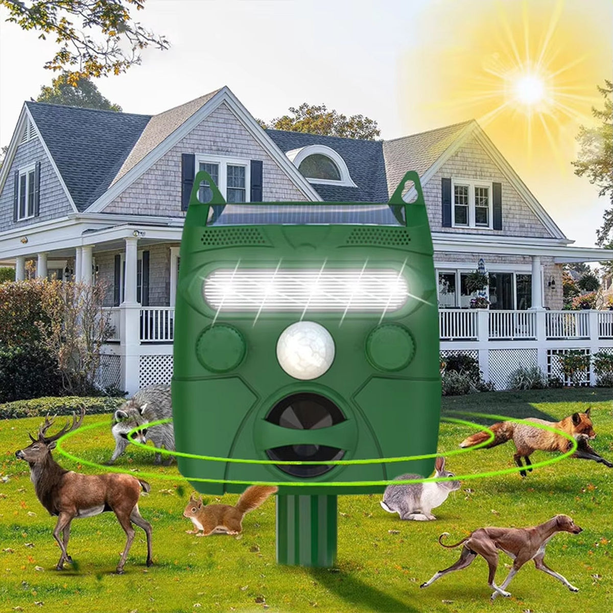 Répulsif ultrasonique pour animaux à énergie solaire pour jardin avec détecteur de mouvement, portée de 110 m², étanche IP44 | Sulvida