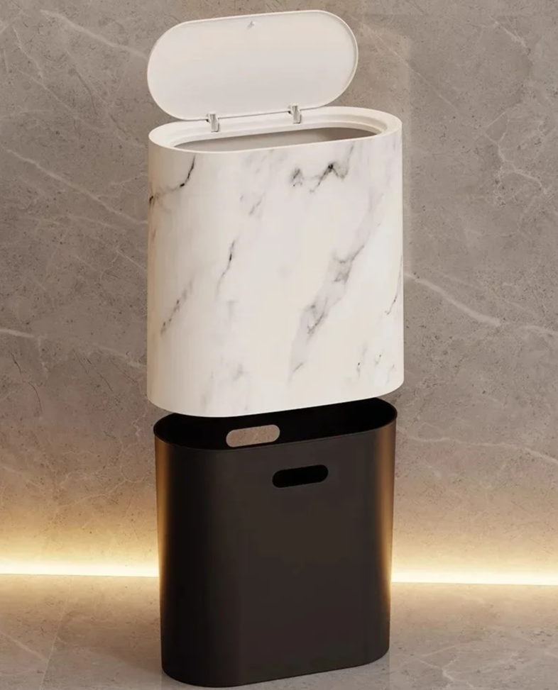 Ovale afvalbak met marmerpatroon drukdeksel prullenbak voor toilet badkamer keuken slaapkamer kantoor | Sulvida