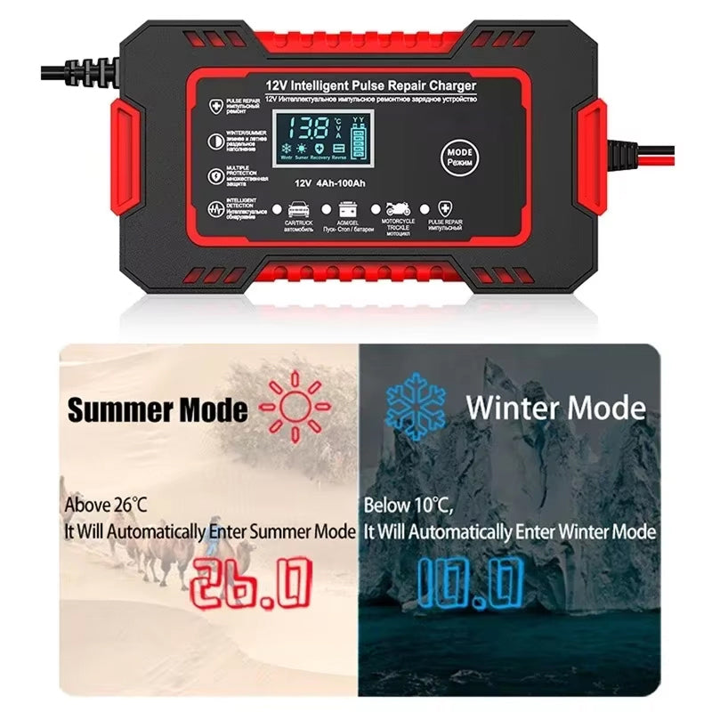Chargeur intelligent de batterie de voiture avec réparation par impulsions et mode hiver, chargeur 12V avec microprocesseur | Sulvida