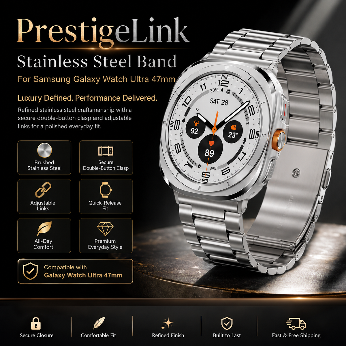Bracelet à maillons en acier inoxydable pour Galaxy Watch Ultra 47mm, bracelet en métal pour montre connectée compatible avec Watch Ultra 2 | Sulvida