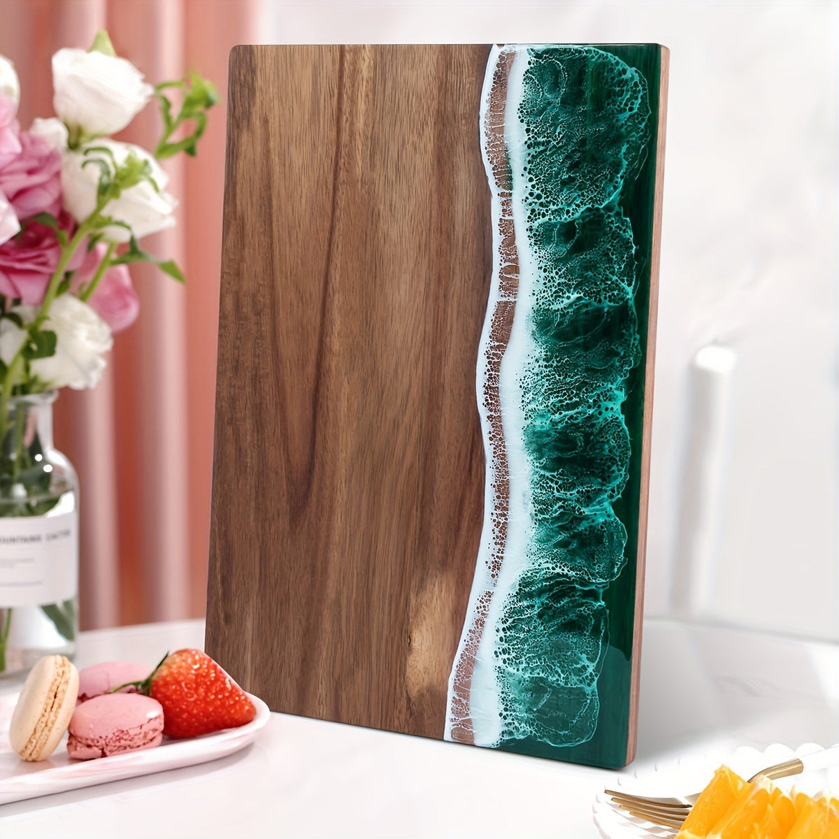 Serveerplank Acacia met Harsinlay Oceaangolven Blauw Groen Roze Rechthoekig 46×23 cm Kaasplank Snijplank Hout | Sulvida
