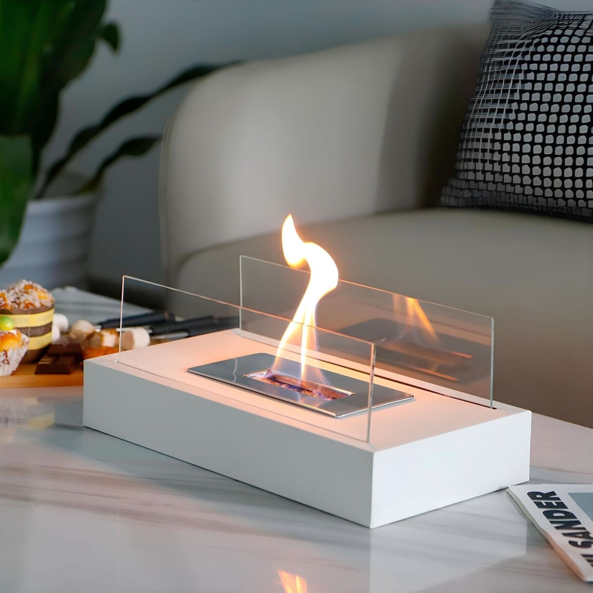 Tafelkachel met bioethanol glas en staal 28 × 14 cm sfeervolle kaarsvlam sfeervuur decoratief voor binnen buiten | Sulvida