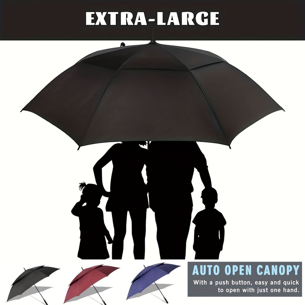 Parapluie de golf extra-large de 140 cm, ventilé et résistant au vent, pour 2 à 3 personnes, ouverture automatique et protection contre la pluie | Sulvida