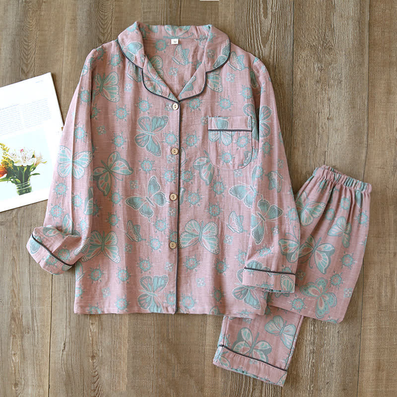 Vintage Vlindermotief Katoenen Loungewear Pyjama Set met Lange Mouwen voor Comfortabele Ontspanning Dames Thuiskleding Nachtkleding Huispak | Sulvida