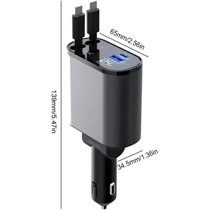 Chargeur de voiture 4-en-1 avec câble rétractable Type-C Lightning, charge rapide, 80cm, universel 12-24V | Sulvida