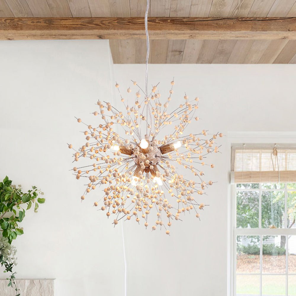 Hanglamp Houten Kralen Wit Gekalkt 8 of 9 Lichtpunten Starburst Design Eetkamer Woonkamer G9 max 25W | Sulvida