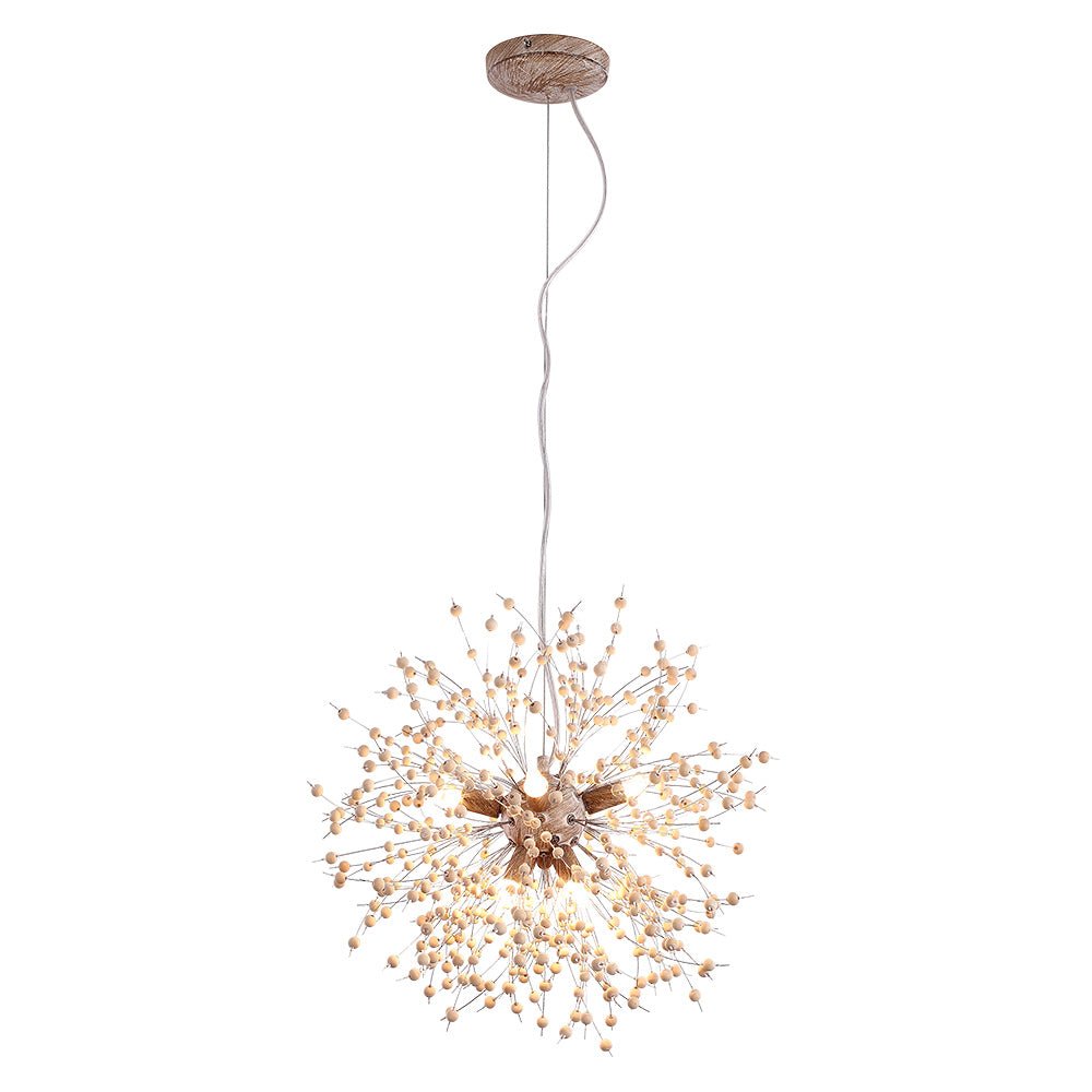 Hanglamp Houten Kralen Wit Gekalkt 8 of 9 Lichtpunten Starburst Design Eetkamer Woonkamer G9 max 25W | Sulvida