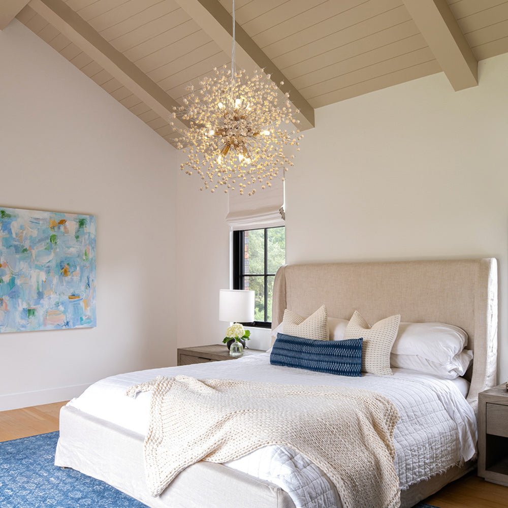 Hanglamp Houten Kralen Wit Gekalkt 8 of 9 Lichtpunten Starburst Design Eetkamer Woonkamer G9 max 25W | Sulvida
