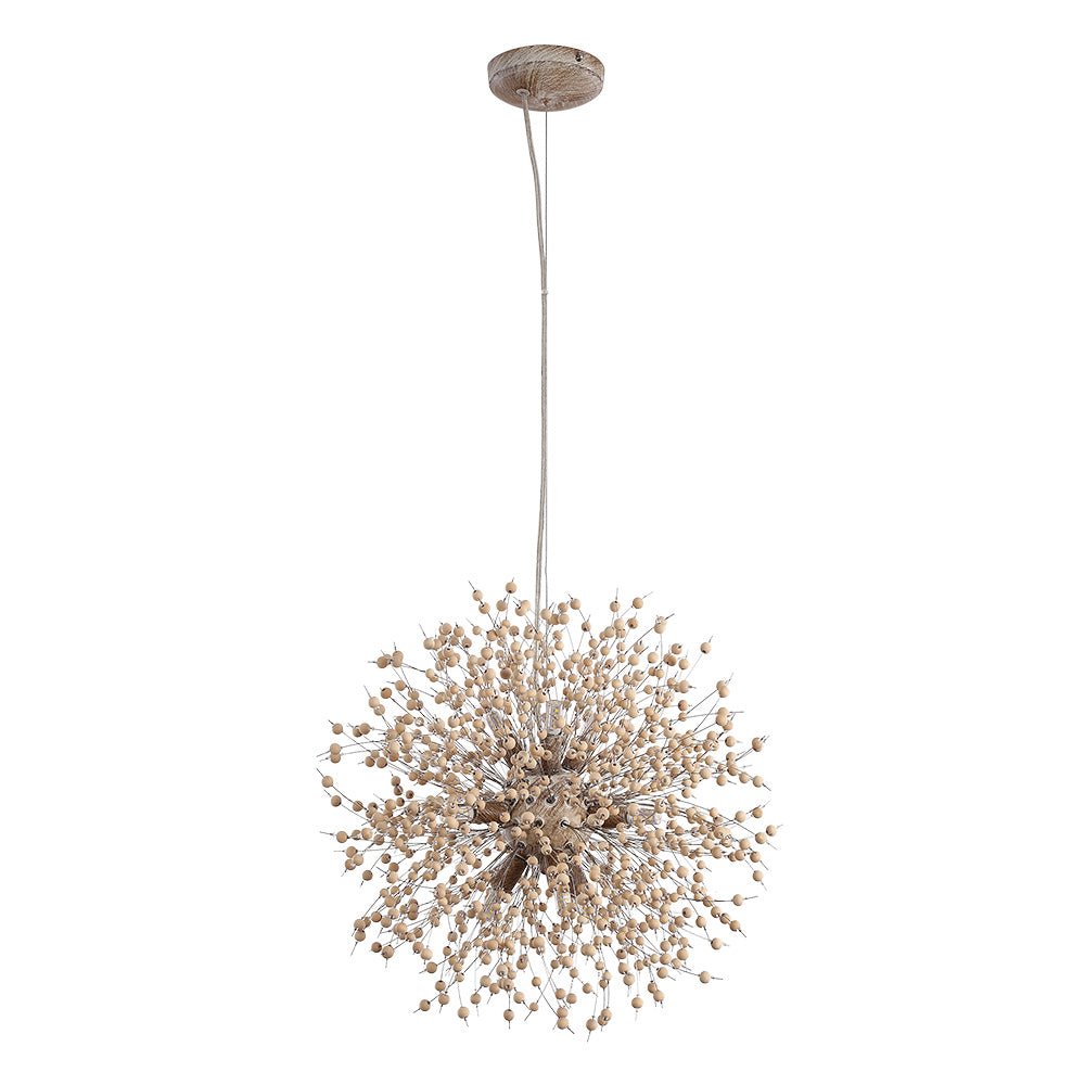 Hanglamp Houten Kralen Wit Gekalkt 8 of 9 Lichtpunten Starburst Design Eetkamer Woonkamer G9 max 25W | Sulvida