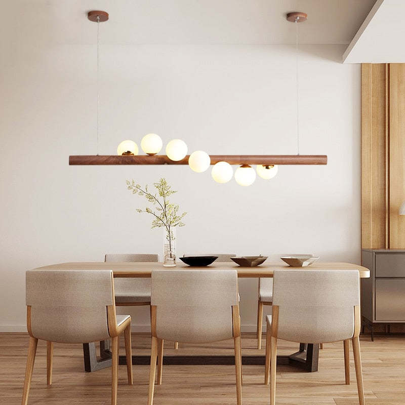 Glazen Hanglamp met Houten Ring Notenbruin Messing Eethoek Woonkamer Slaapkamer Sfeerverlichting Design | Sulvida