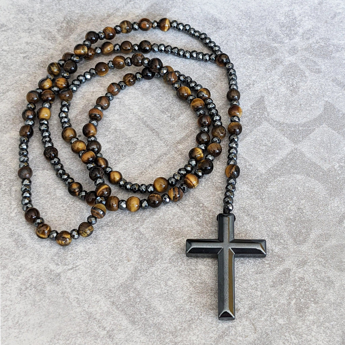 Collier chapelet pour homme en pierres naturelles, œil-de-tigre, lapis-lazuli, croix, perles, réglable, spirituel, bijou de prière | Sulvida