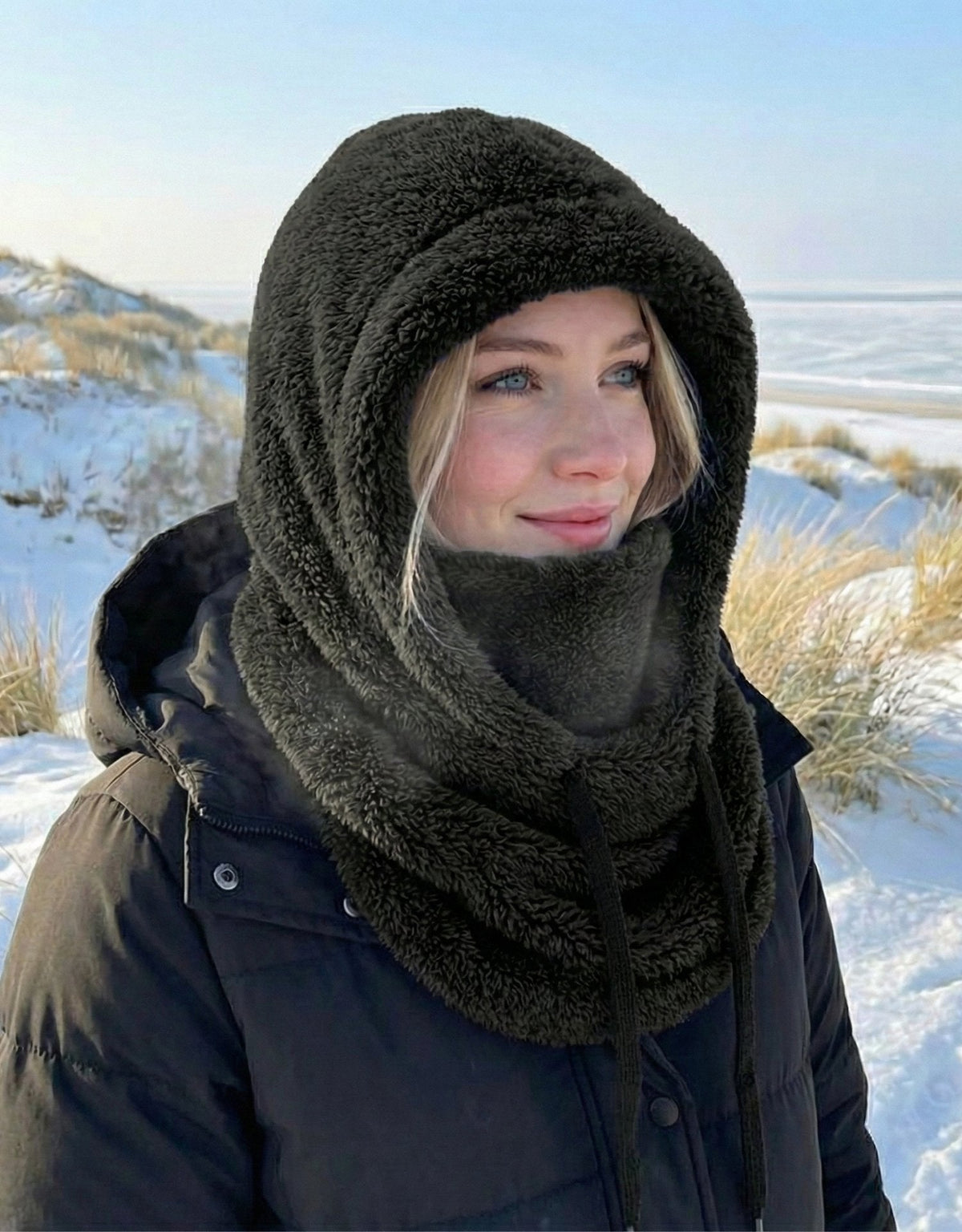 Gebreide capuchonmuts met geïntegreerde sjaal dames winter warme hoofdbedekking nekbeschermer wol skimuts | Sulvida