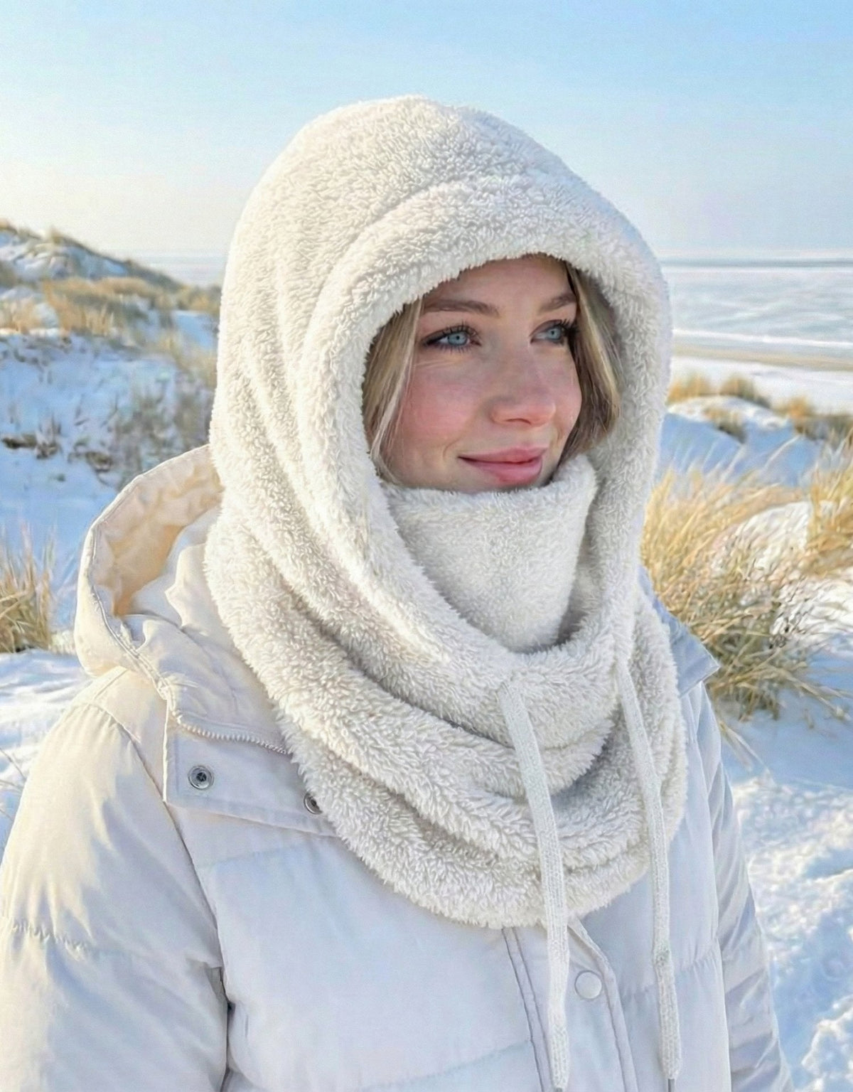 Gebreide capuchonmuts met geïntegreerde sjaal dames winter warme hoofdbedekking nekbeschermer wol skimuts | Sulvida