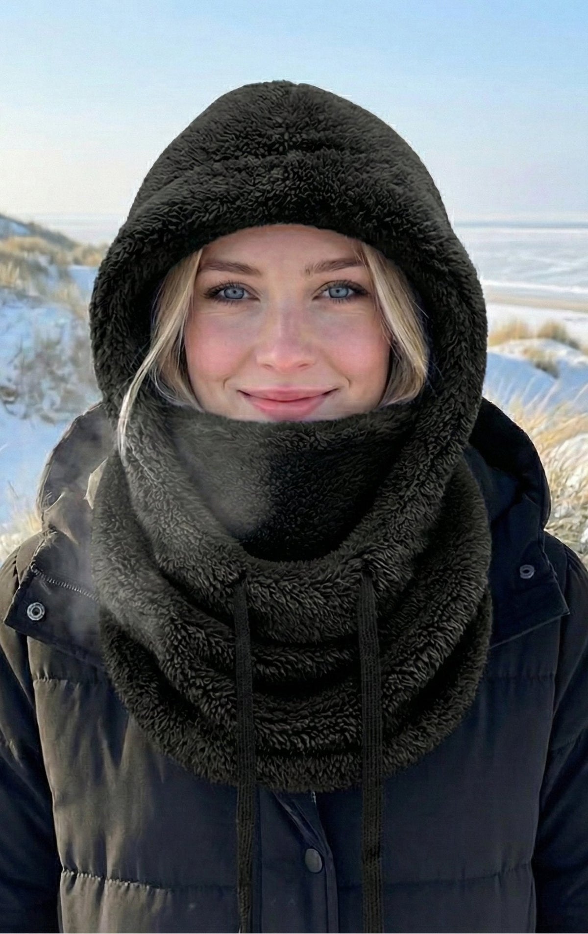 Gebreide capuchonmuts met geïntegreerde sjaal dames winter warme hoofdbedekking nekbeschermer wol skimuts | Sulvida