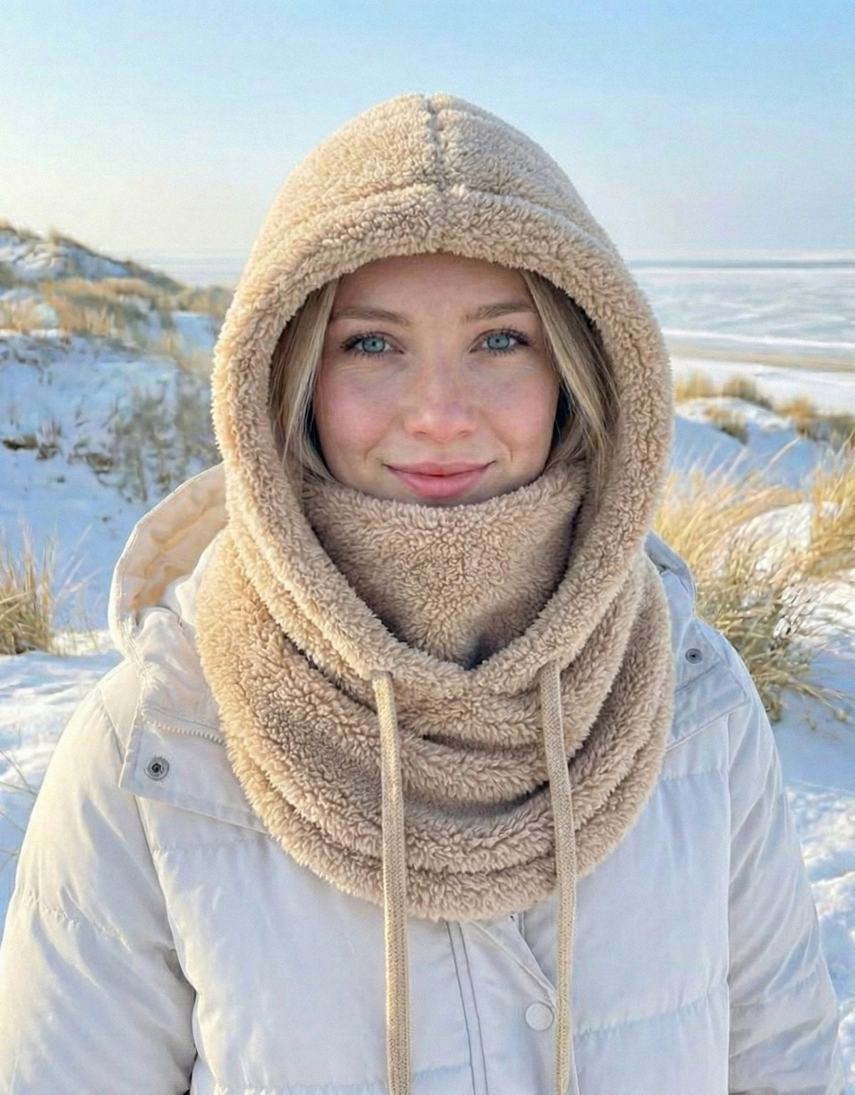 Gebreide capuchonmuts met geïntegreerde sjaal dames winter warme hoofdbedekking nekbeschermer wol skimuts | Sulvida