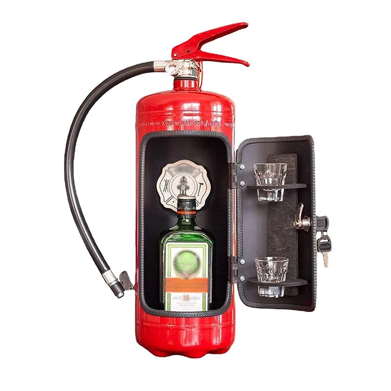 Decoratieve flessenhouder met blusser-design metaal rood zwart interieurobject wijnhouder brandweer thema | Sulvida