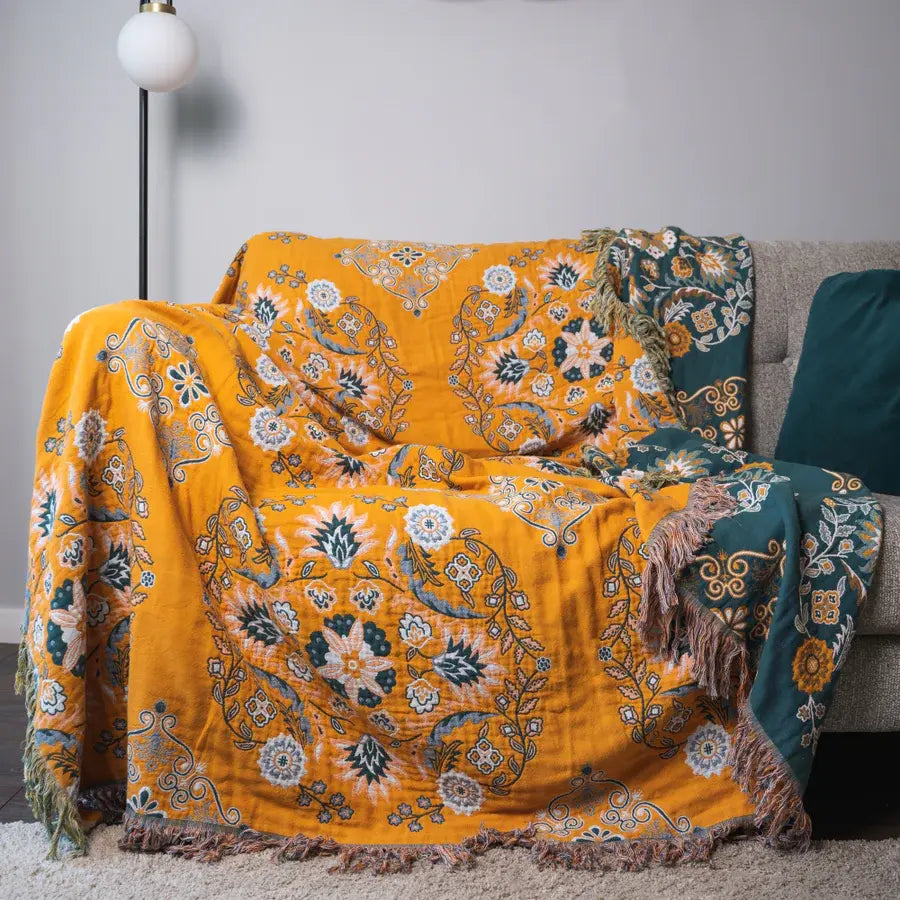 Vintage Plaid met Bloemdessin – Luxe Geweven Deken voor Bank en Bed – Franjedeken – Boho Stijl Woondecoratie en Warmte | Sulvida