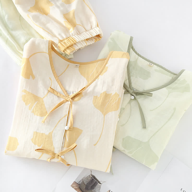 Loungewear-set van katoen met ginkgo-bladmotief en strikdetail – comfortabele tweelaagse gazen pyjamaset met zakken voor dames, ideaal voor lente, zomer en herfst | Sulvida