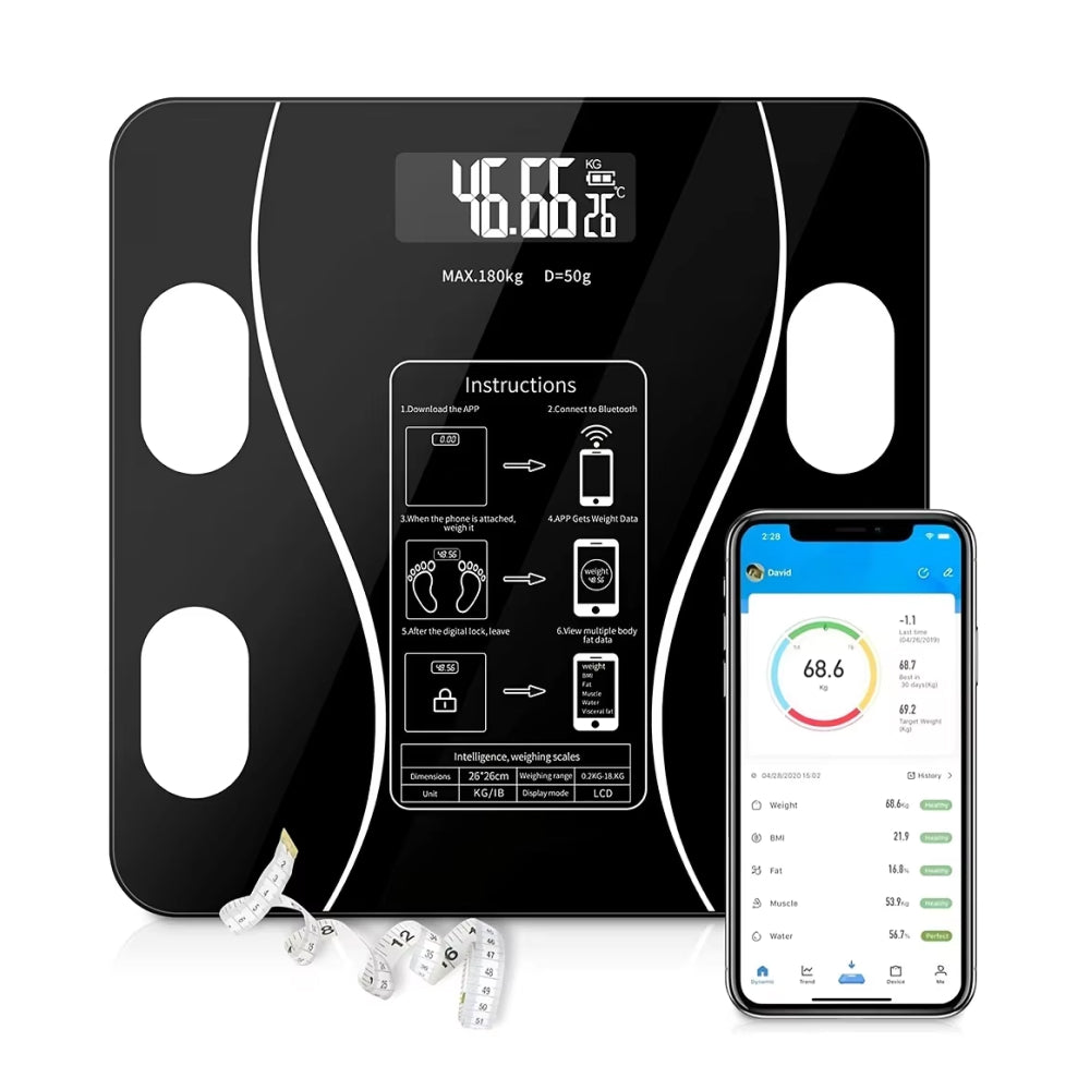 Slimme lichaamsanalyseweegschaal met Bluetooth voor gezondheidsmonitoring 13+ metingen digitaal zwart | Sulvida