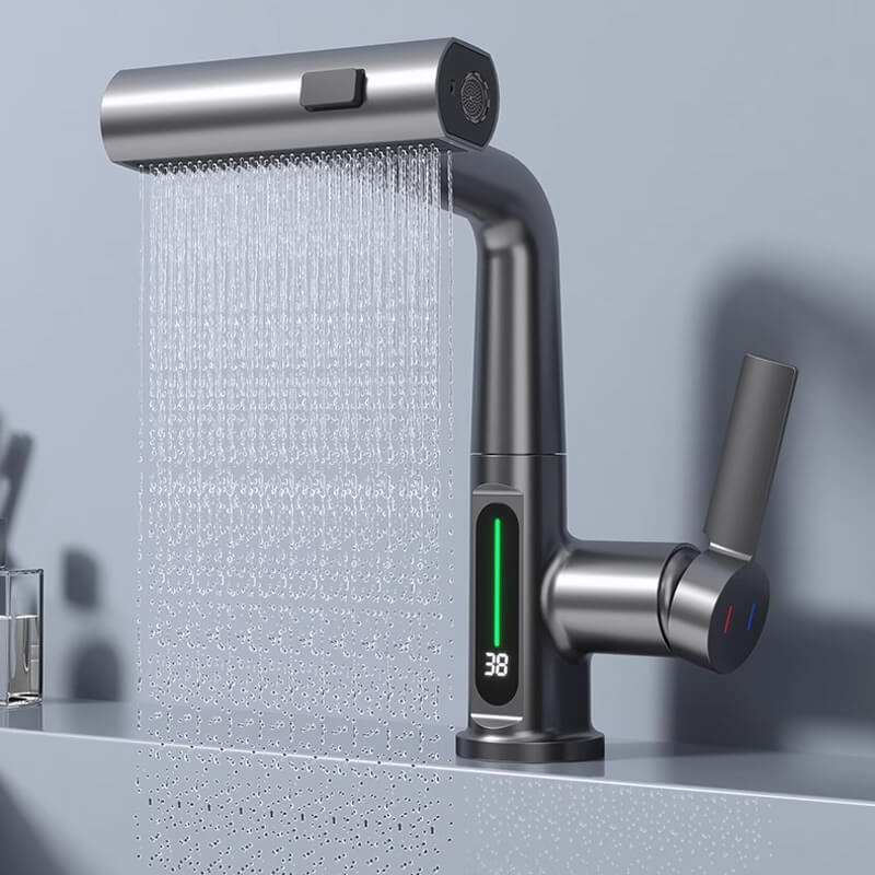Uittrekbare Keukenkraan met LED-Temperatuurweergave 5 Straalopties 360° Draaibaar Geborsteld Nikkel Mengkraan | Sulvida