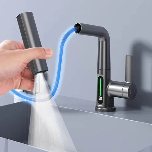 Uittrekbare Keukenkraan met LED-Temperatuurweergave 5 Straalopties 360° Draaibaar Geborsteld Nikkel Mengkraan | Sulvida