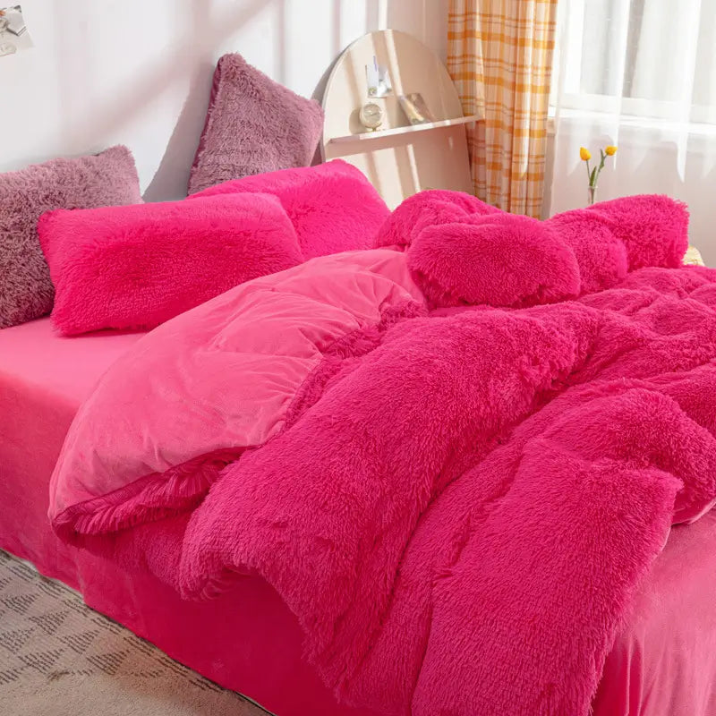 Plüsch-Fleece-Bettwäsche-Set, winterwarm, Teddy, 3-4-teilig, mit Bezug, Laken und Kissenbezügen | Sulvida
