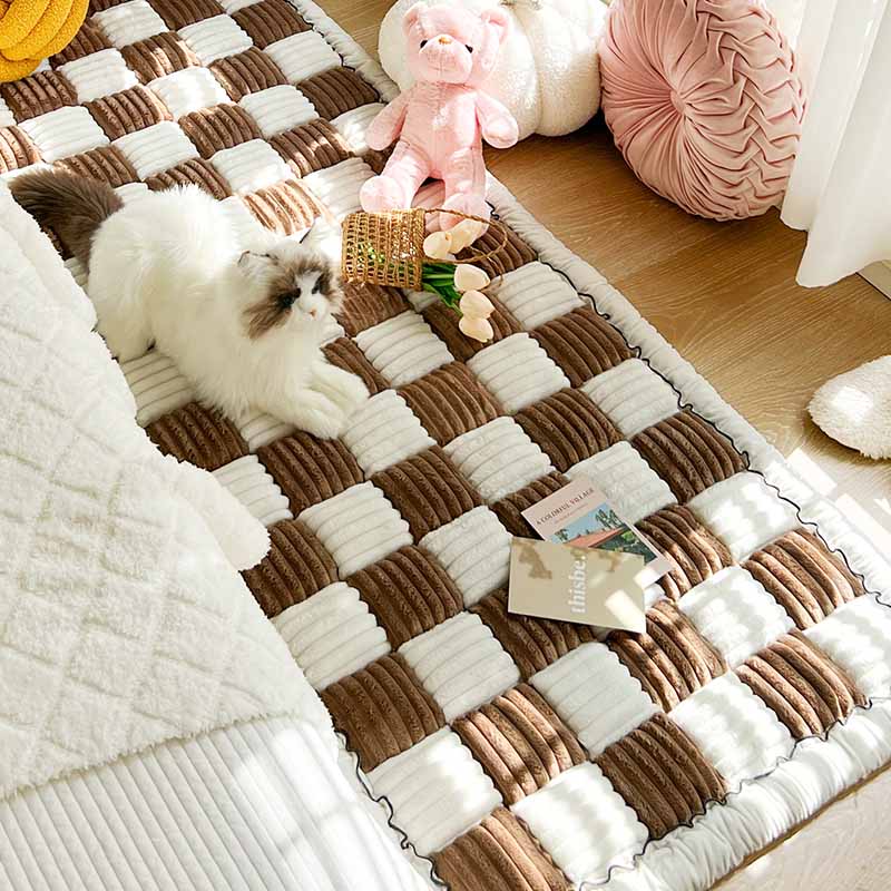 Chenille Huisdierenmat Vierkant Geruit Crème 50x50 cm Anti-slip Wasbaar Hondendeken Kattenmat Beschermer | Sulvida