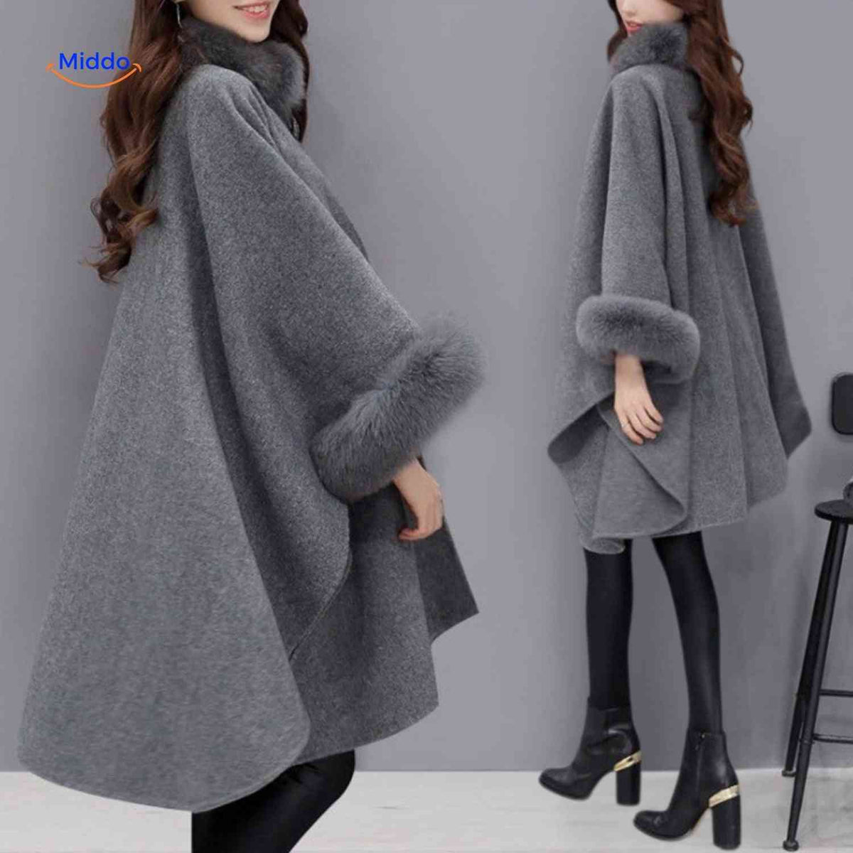 Dames Capejas Wolmix Bontkraag Oversized Poncho Elegante Winterjas Herfst Winter Zwart Grijs Kameel Warm | Sulvida