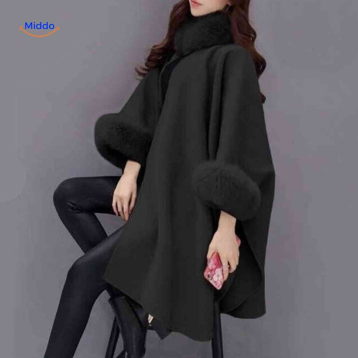 Dames Capejas Wolmix Bontkraag Oversized Poncho Elegante Winterjas Herfst Winter Zwart Grijs Kameel Warm | Sulvida