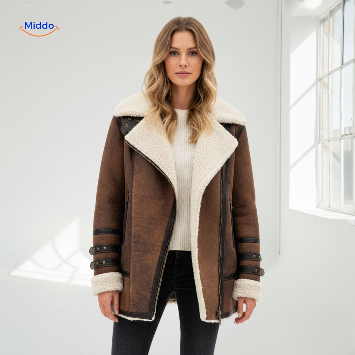 Lange Damesjas met Imitatiebont Suèdelook Warme Winterjas Winddicht Elegant Capuchon Bruin Groen Paars | Sulvida