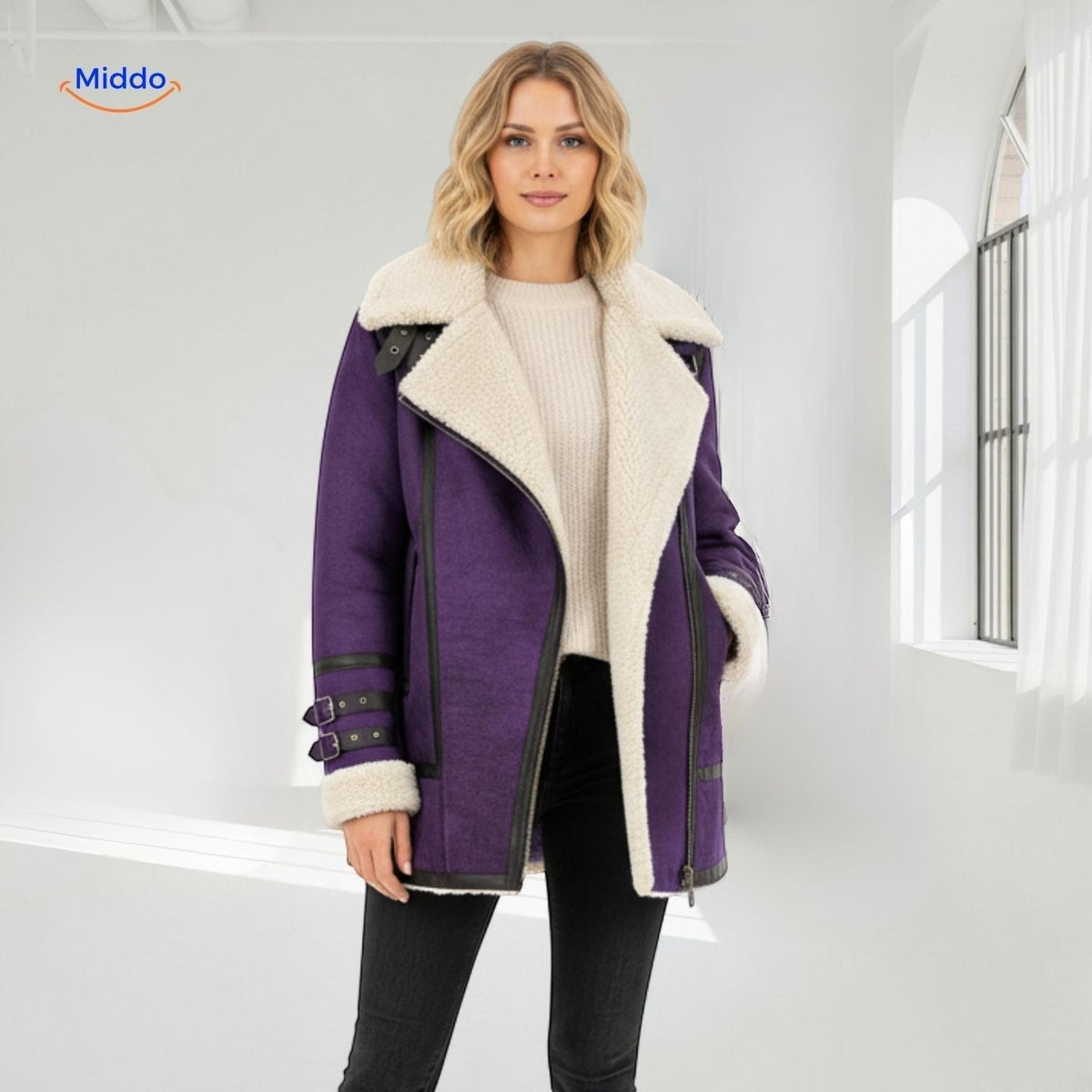 Lange Damesjas met Imitatiebont Suèdelook Warme Winterjas Winddicht Elegant Capuchon Bruin Groen Paars | Sulvida