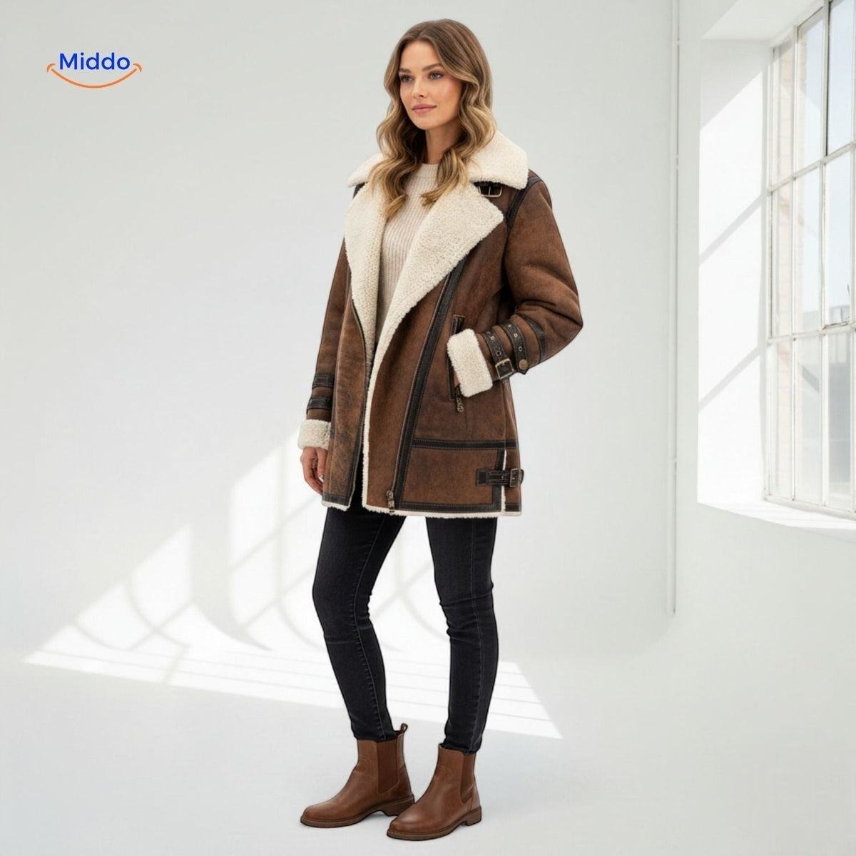 Lange Damesjas met Imitatiebont Suèdelook Warme Winterjas Winddicht Elegant Capuchon Bruin Groen Paars | Sulvida