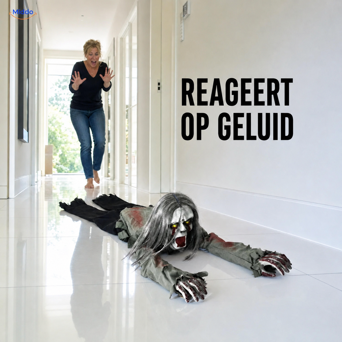 Geluidsgeactiveerde Kruipende Halloweengeest 110cm met Gloeiende Ogen Griezelige Feestaccessoire voor Binnen | Sulvida