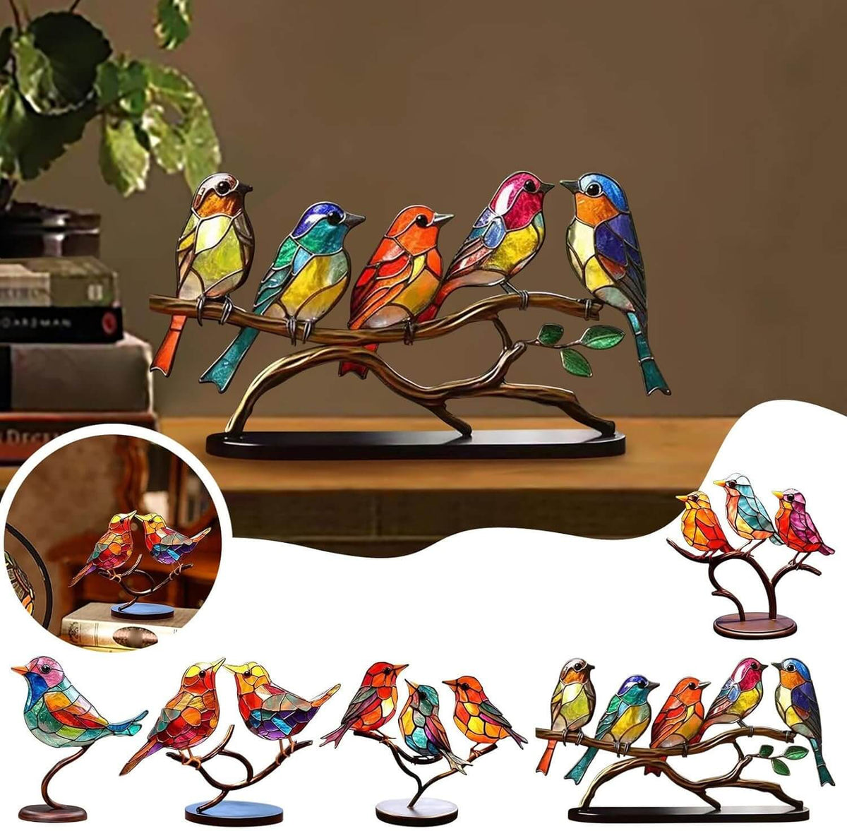 Decoratieve Vogels op Tak Bureaubladornamenten van Gekleurd Glas voor Bureau Woonkamer Interieur en Decoratie | Sulvida