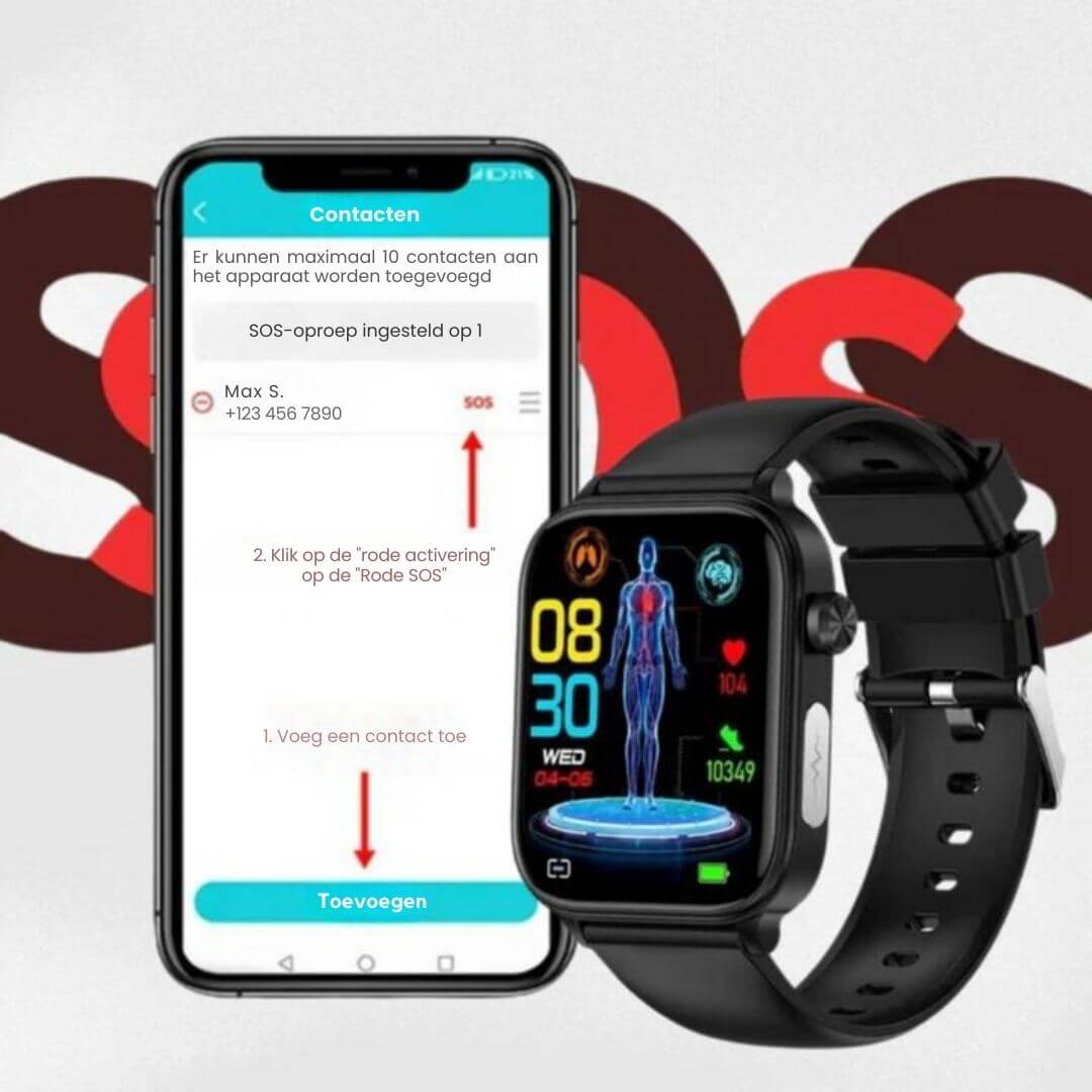 Gezondheidshorloge met Valdetectie SOS Glucosemeting GPS Hartslagmeter 24/7 Monitoring Touchscreen Smartwatch | Sulvida